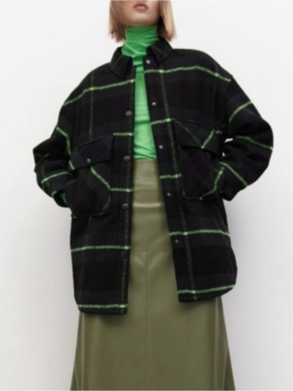 Zara Black Plaid Shirt Jacket with Neon Green Windowpane